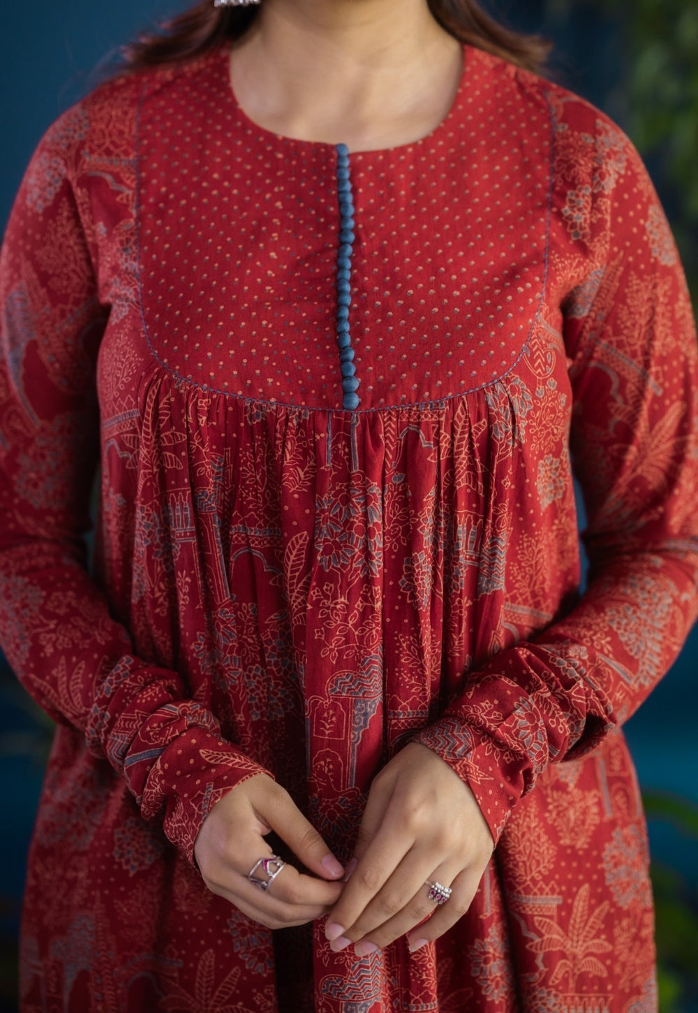 Asin Red Ajrakh Cotton A Line Kurta with Hand Embroidery