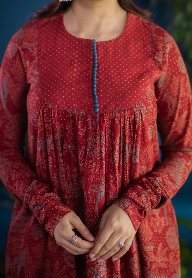 Asin Red Ajrakh Cotton A Line Kurta with Hand Embroidery