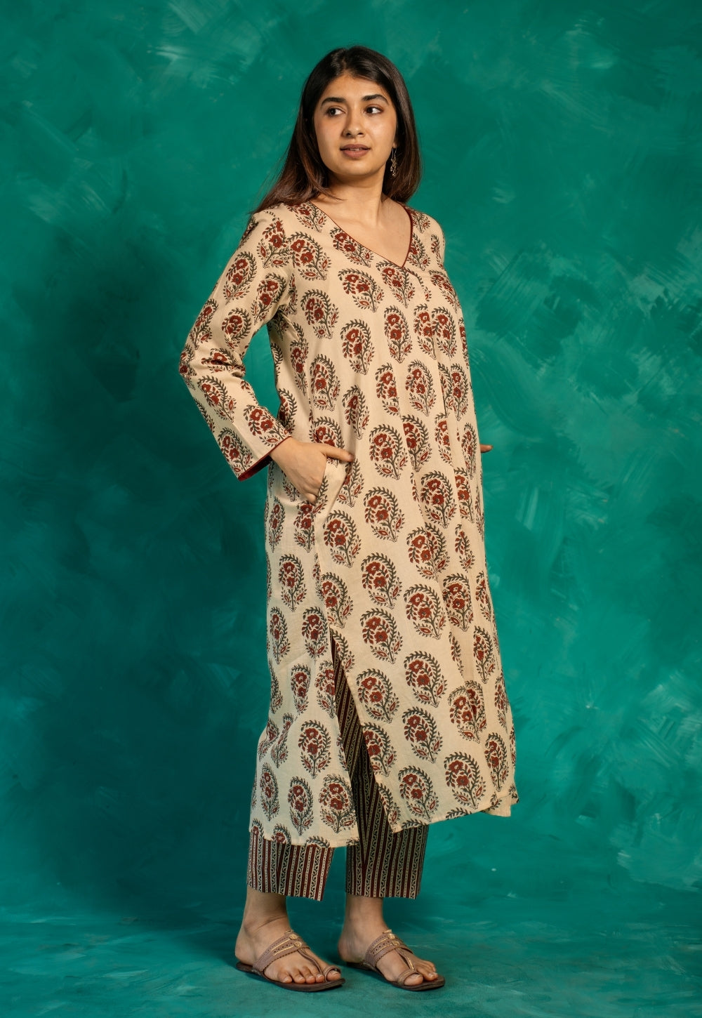 Raila Beige Bagru Cotton Straight Kurta