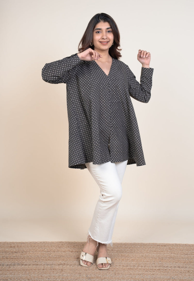 Chahat Grey Ajrakh Cotton A Line Short Top