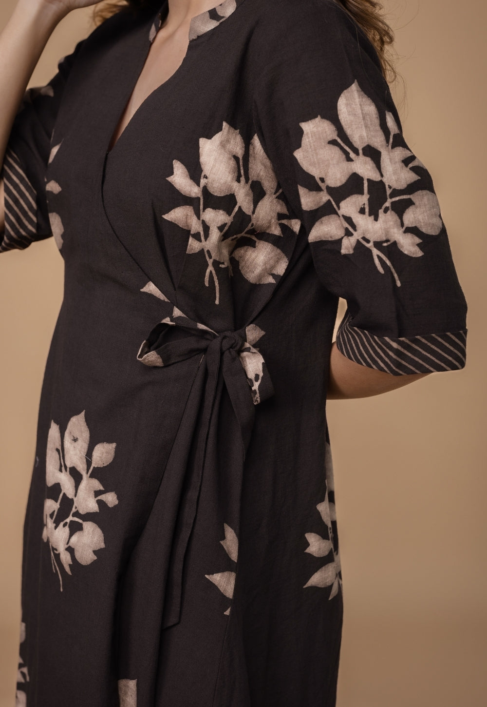 Avni Brown Dabu Slub Cotton Wrap Around Dress