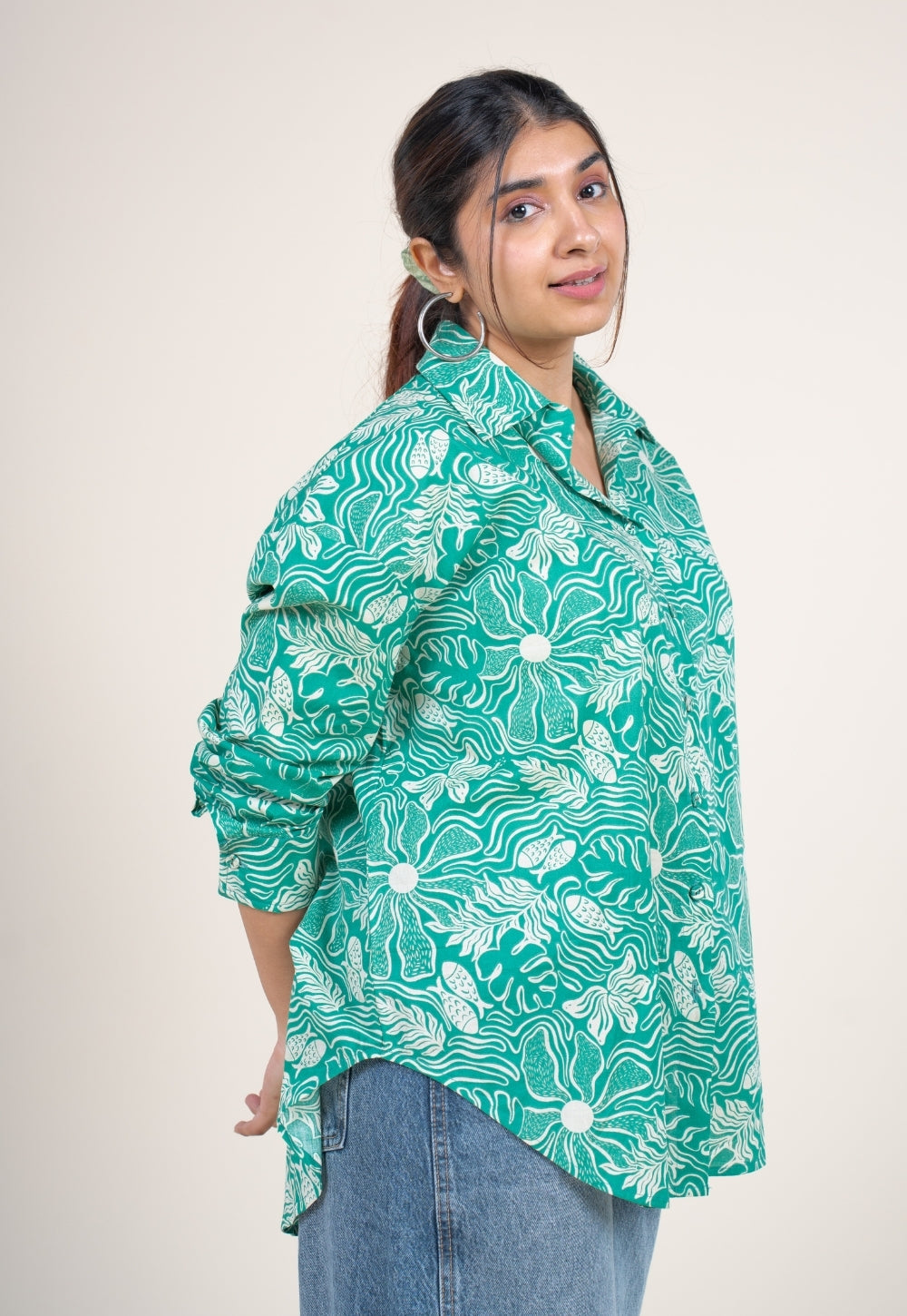Ruhi Emerald Green Printed Cotton Straight Shirt