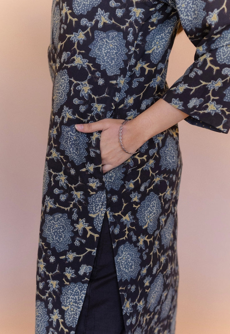 Avika Black Ajrakh Cotton Straight Kurta with Embroidery