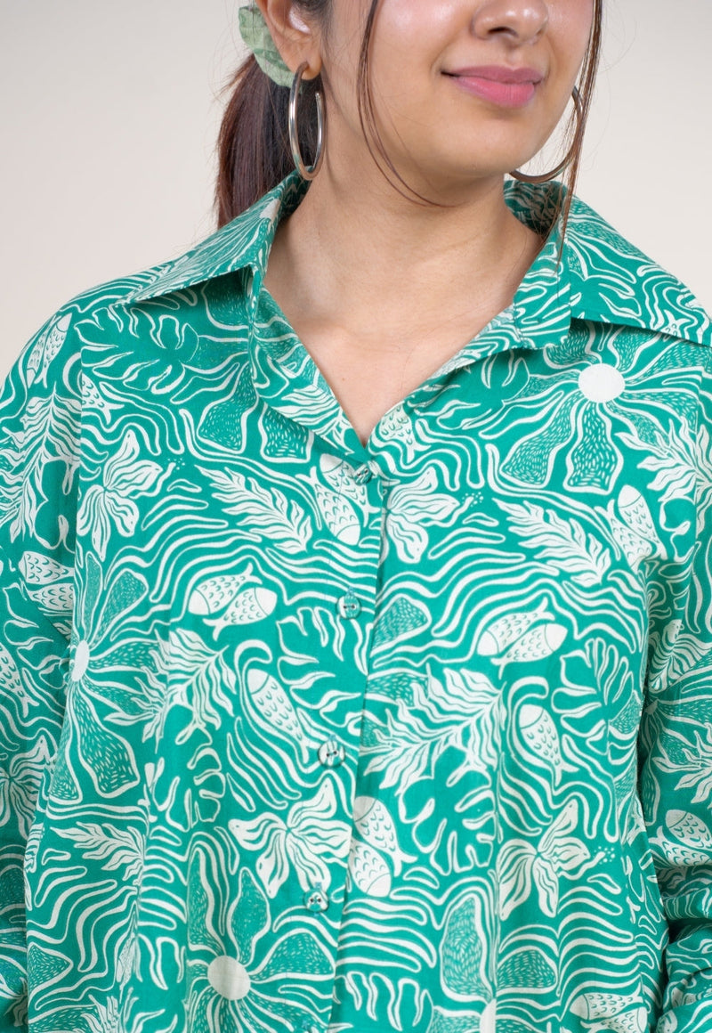 Ruhi Emerald Green Printed Cotton Straight Shirt