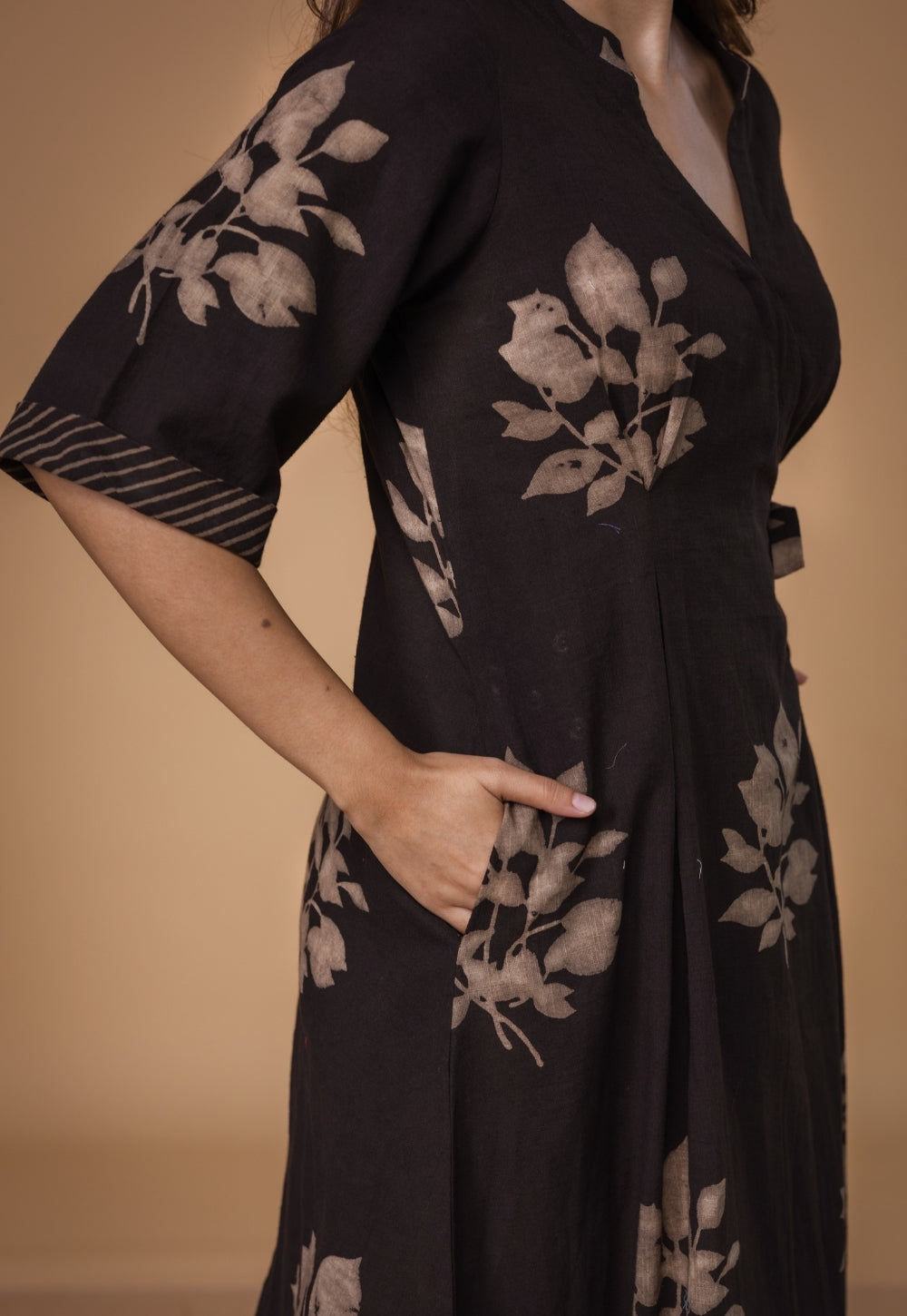 Avni Brown Dabu Slub Cotton Wrap Around Dress