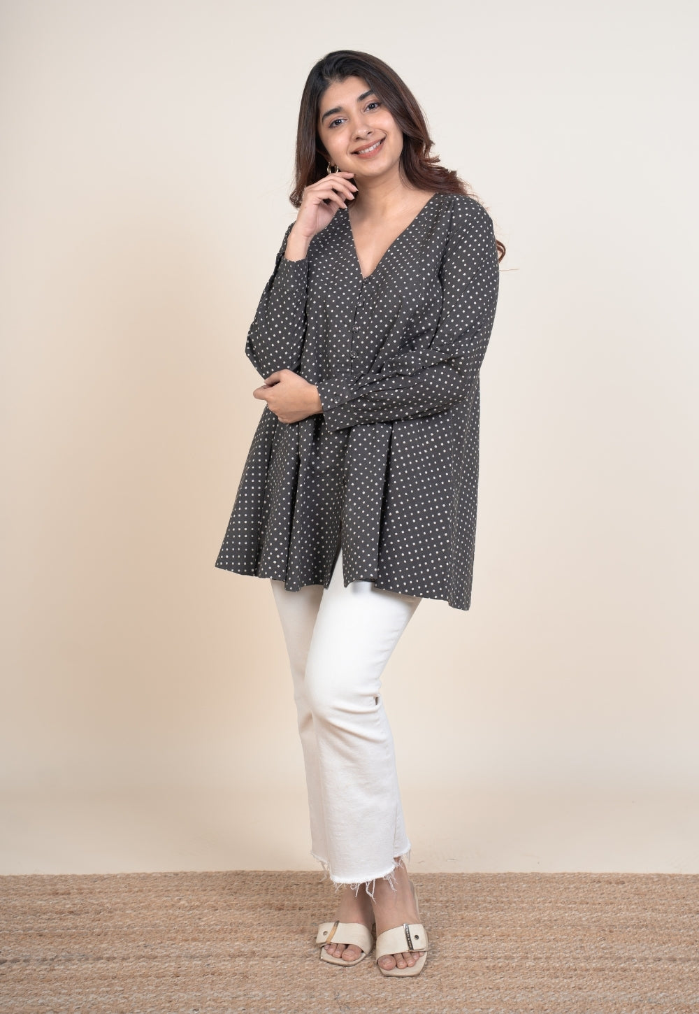 Chahat Grey Ajrakh Cotton A Line Short Top