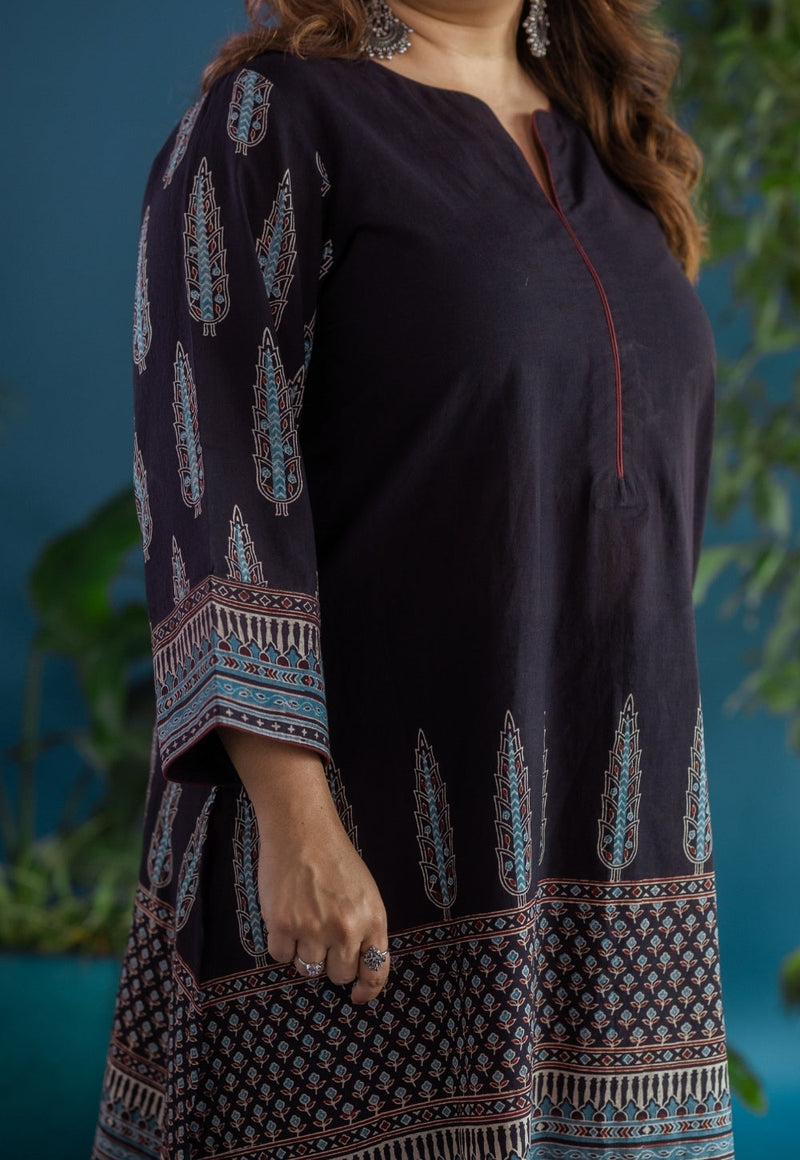 Antara Black Ajrakh Cotton A Line Kurta