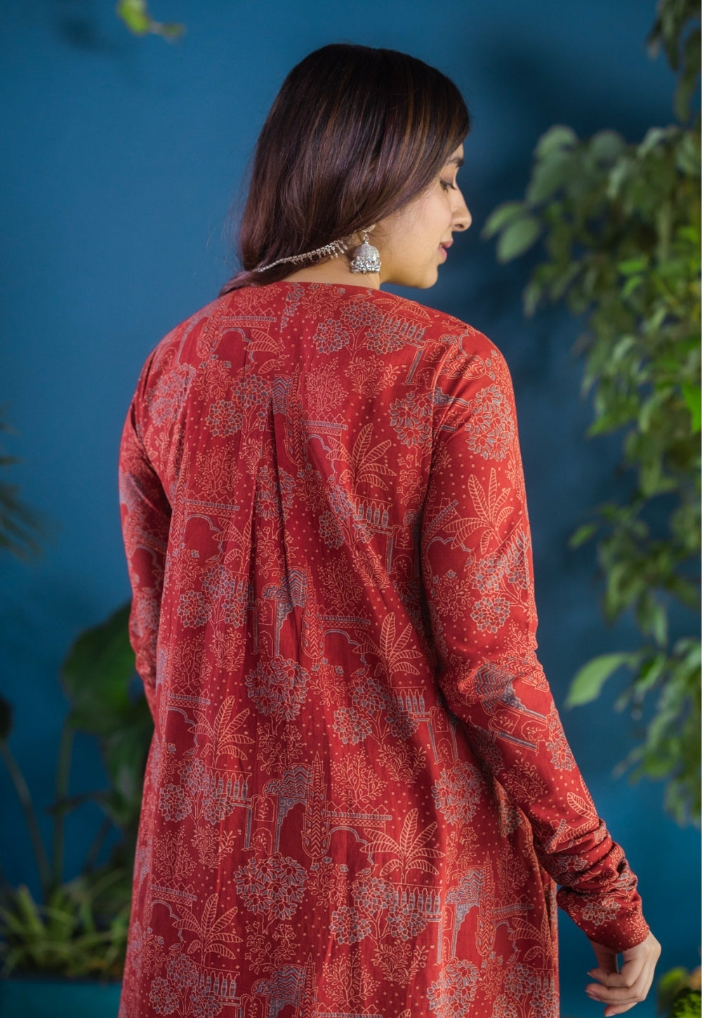Asin Red Ajrakh Cotton A Line Kurta with Hand Embroidery