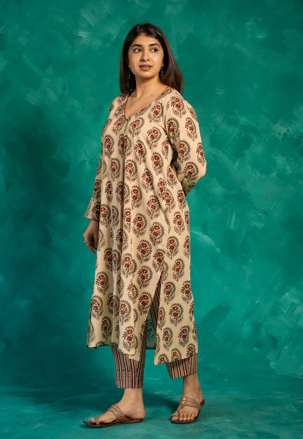 Raila Beige Bagru Cotton Straight Kurta