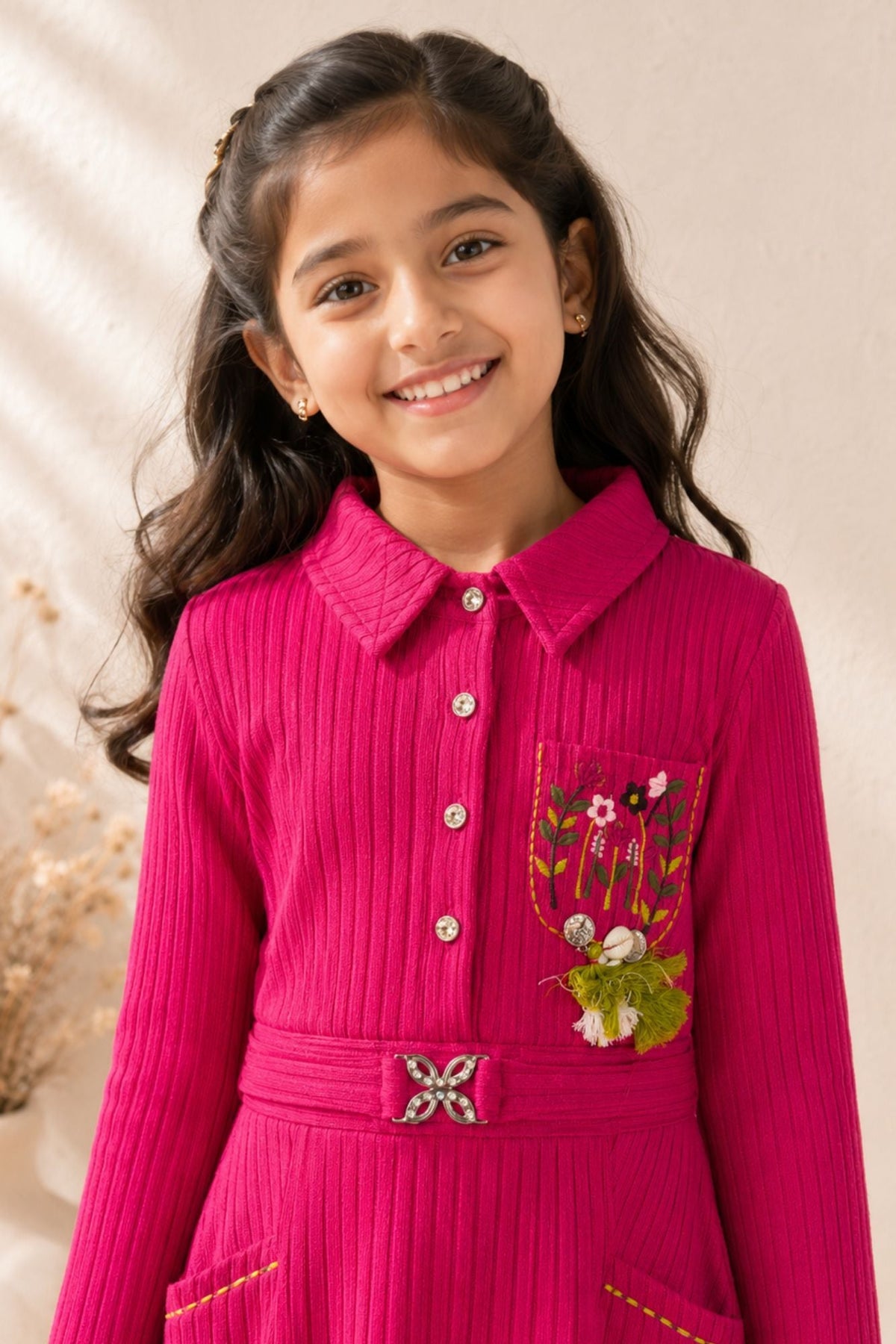 Rani Pink Ribbed Dress with Embroidered Pocket