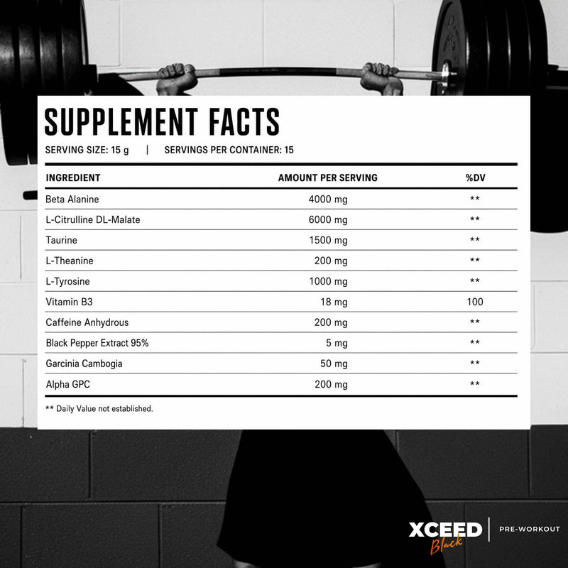 Supplement facts label with XCEED Black pre-workout supplement on a gym background