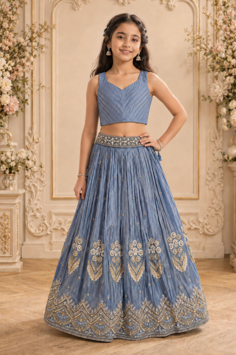 Dusty Blue Heavy Floral Embroidered Lehenga Choli with Jacket