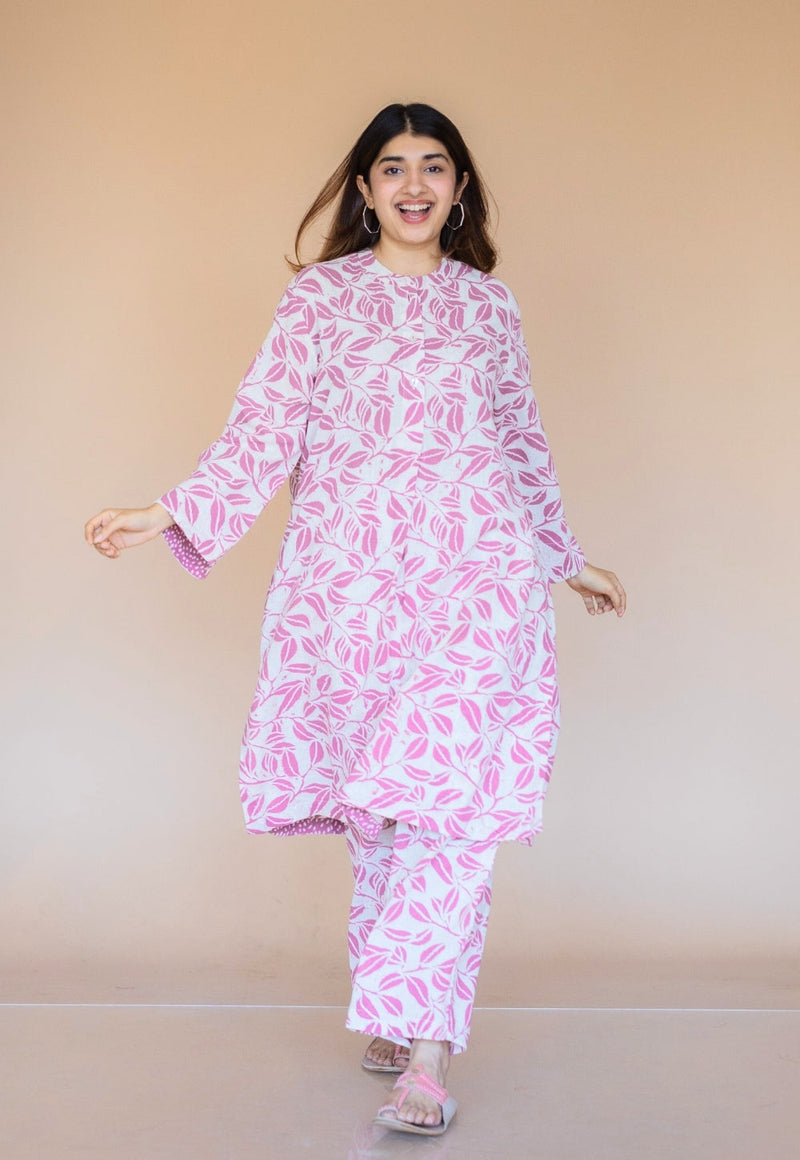 Ayaat Pink Hand Block Print Slub Cotton Straight Kurta