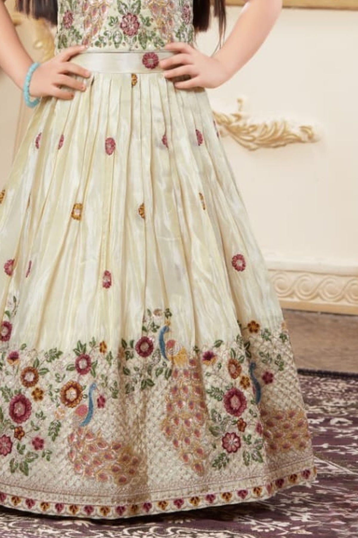 Cream Embroidered Lehenga Choli with Regal Peacock Motifs For Girls