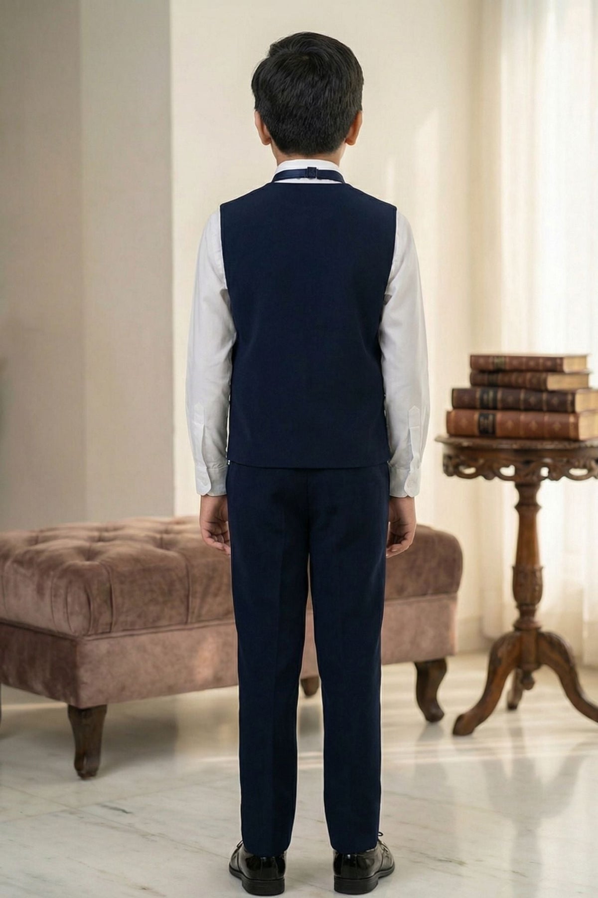 Navy Blue Embroidered 5-Piece Suit Set For Boys