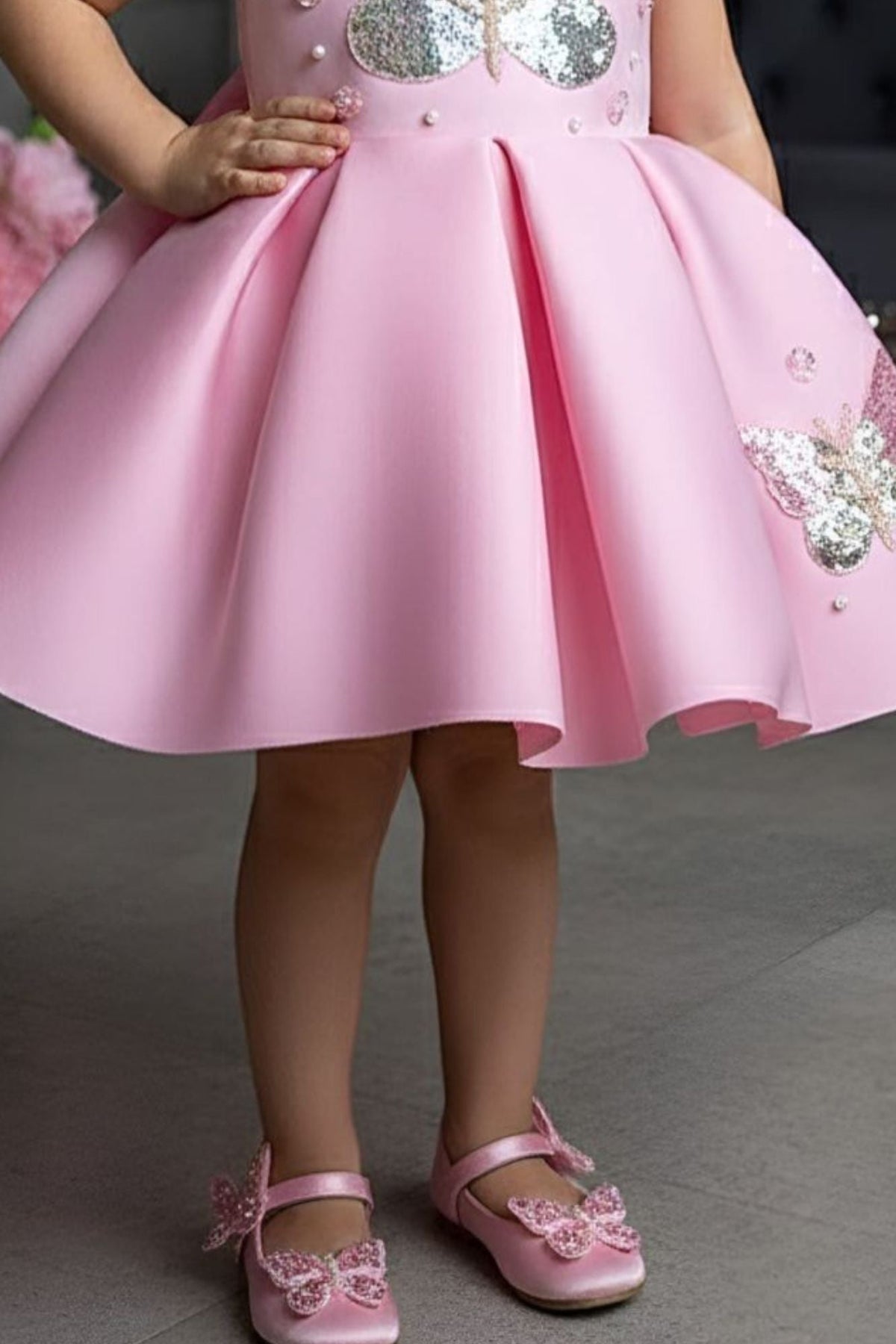 Baby Pink Butterfly Sequin Party Frock For Girls