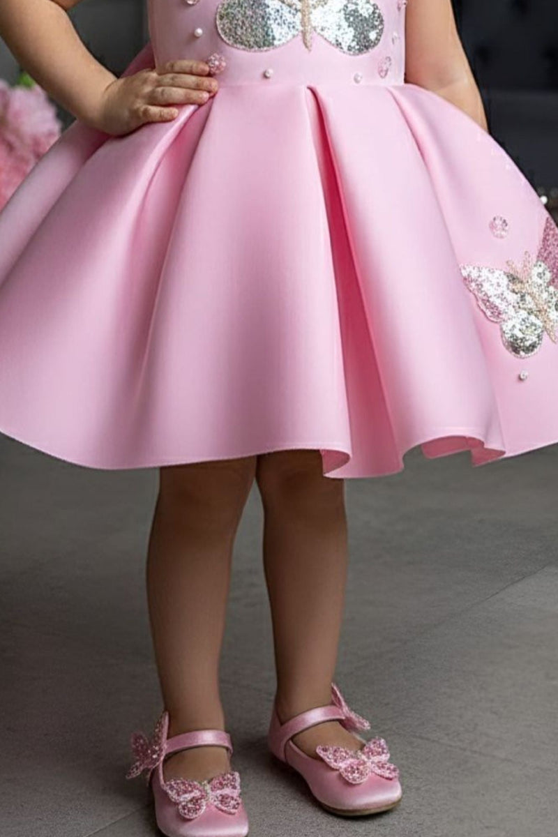Baby Pink Butterfly Sequin Party Frock For Girls