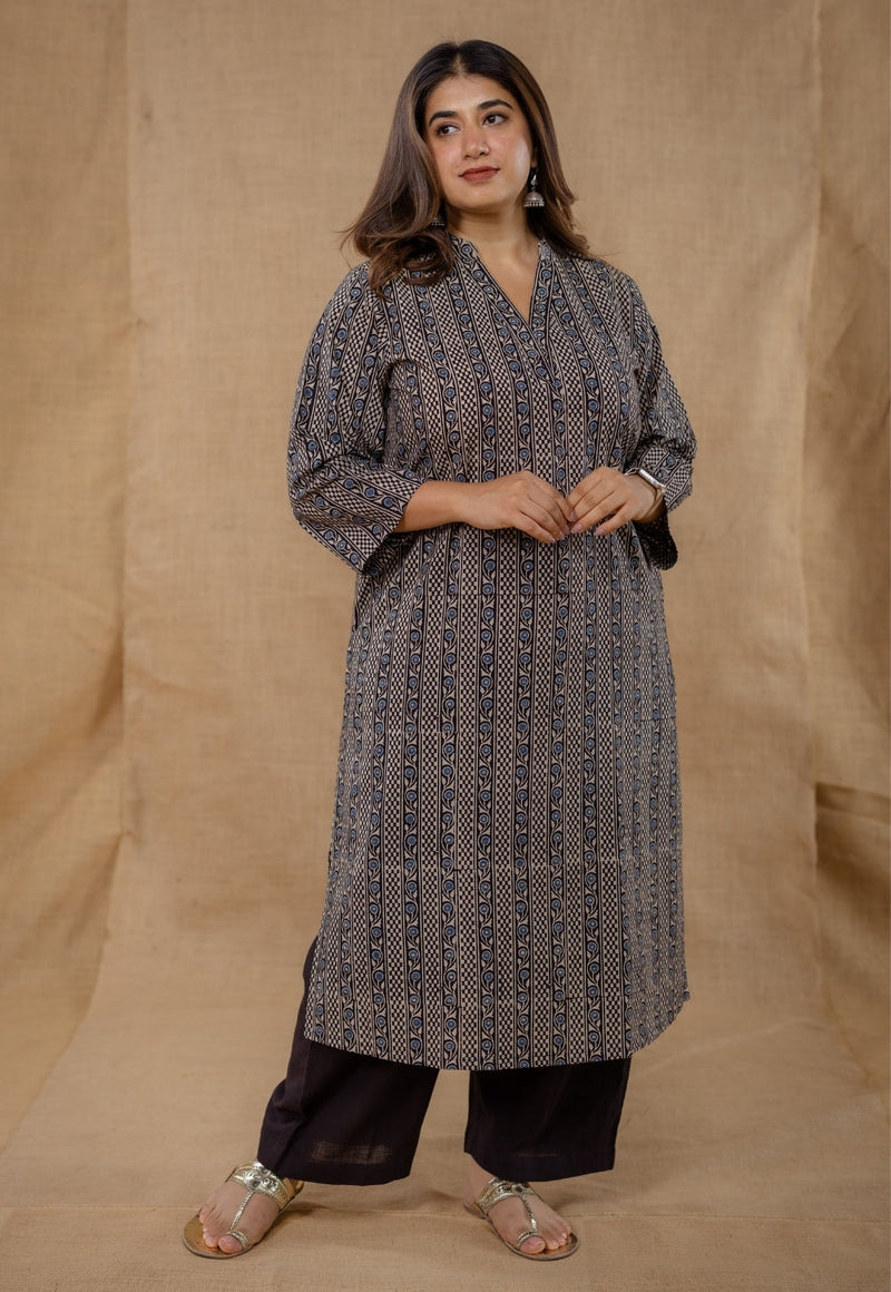 Dia Black Ajrakh Cotton Straight Kurta