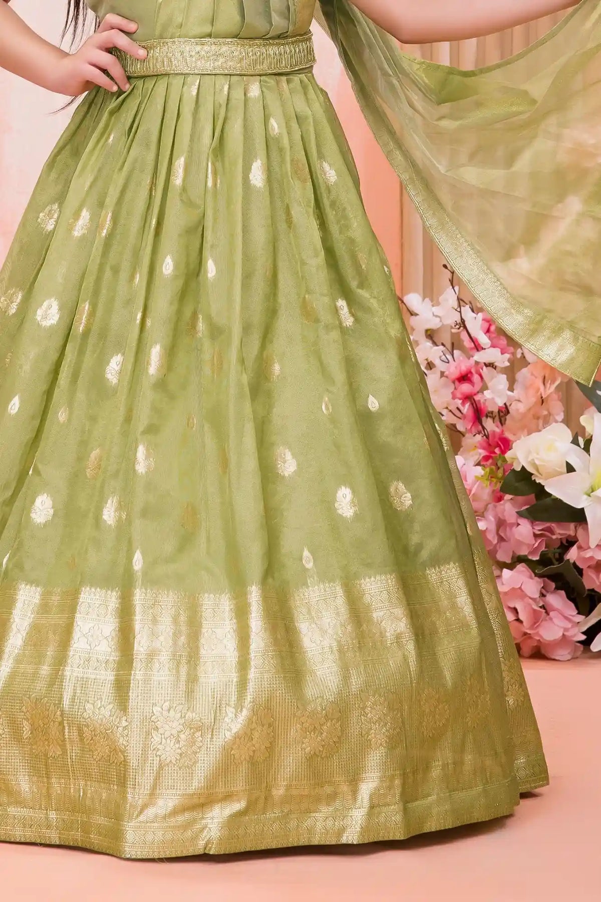 Olive Green Silk Ethnic Gown For Girls