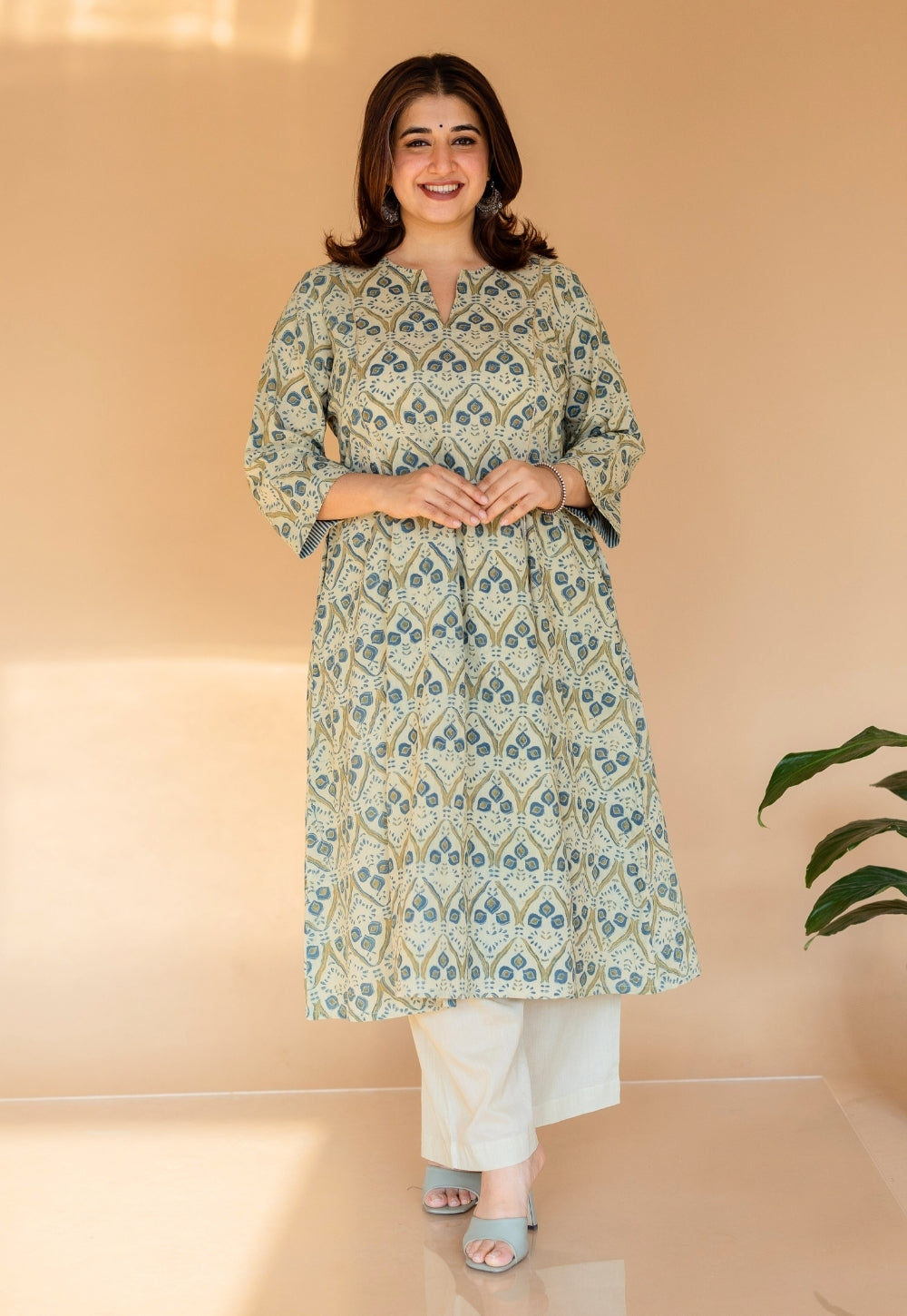 Malika Off White Ajrakh Cotton Kali Kurta with Embroidery