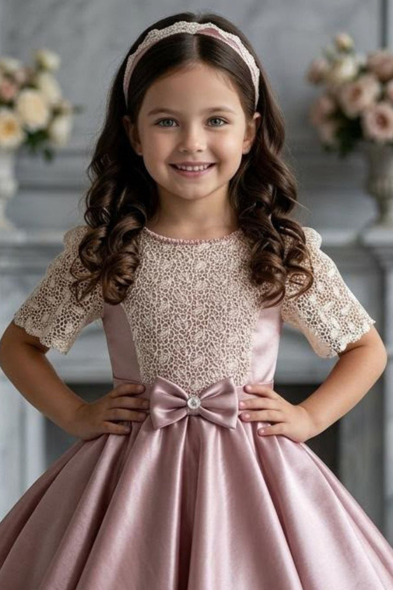 Dusty Pink Satin Party Frock with Floral Lace Bodice
