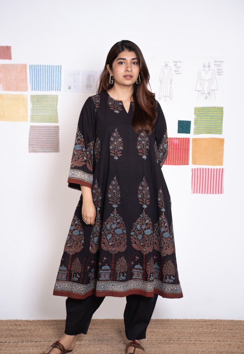 Prisha Black Ajrakh Cotton kali Kurta