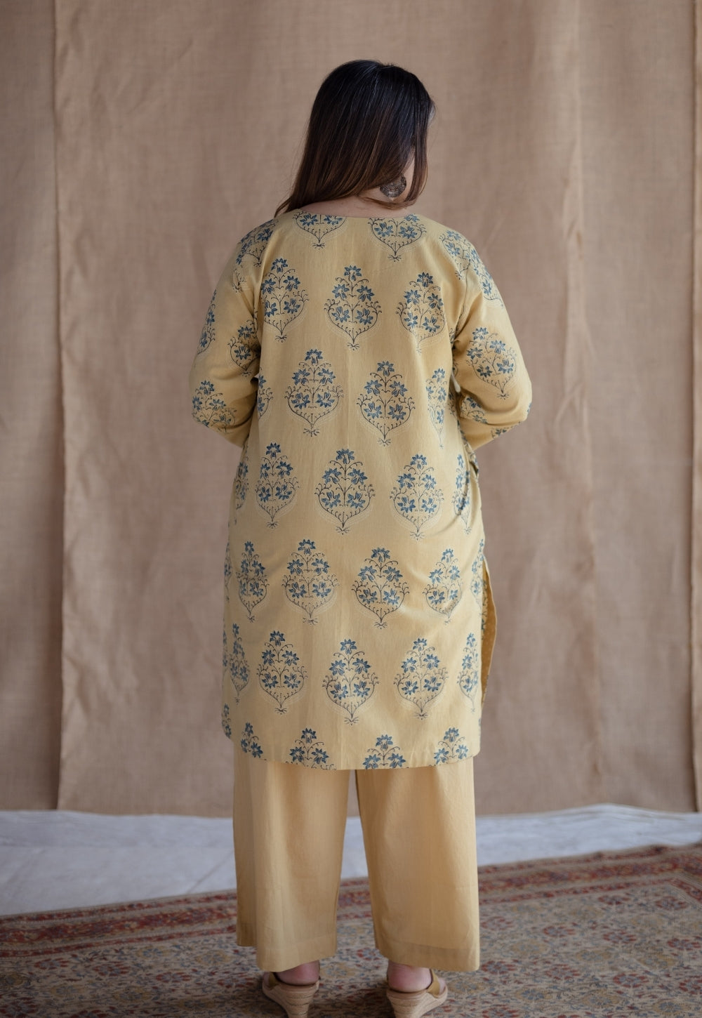 Kavya Yellow Ajrakh Cotton Straight Kurta with Hand Embroidery