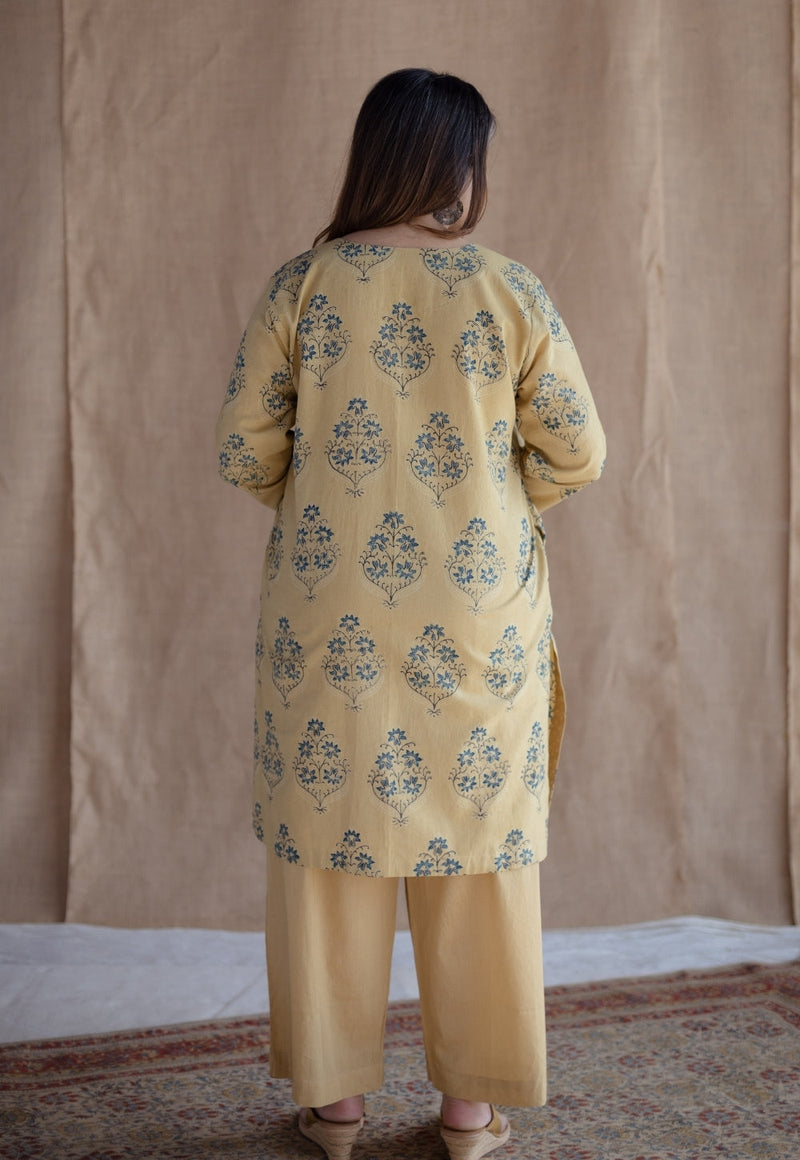 Kavya Yellow Ajrakh Cotton Straight Kurta with Hand Embroidery