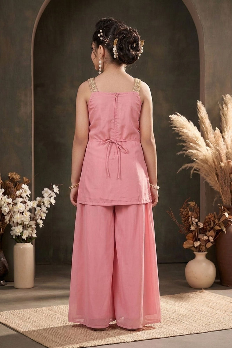 Girls Pink Palazzo Set with Heavy Floral Embroidered Kurti And Dupatta