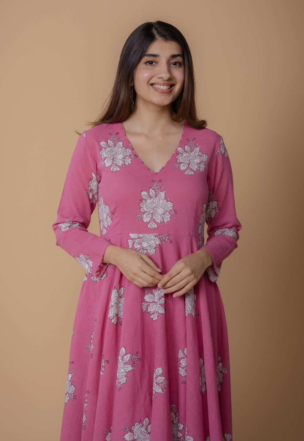 Ruvika Pink Dabu Slub Cotton A Line Kurta