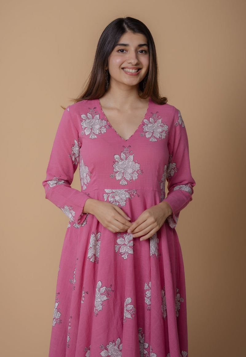 Ruvika Pink Dabu Slub Cotton A Line Kurta