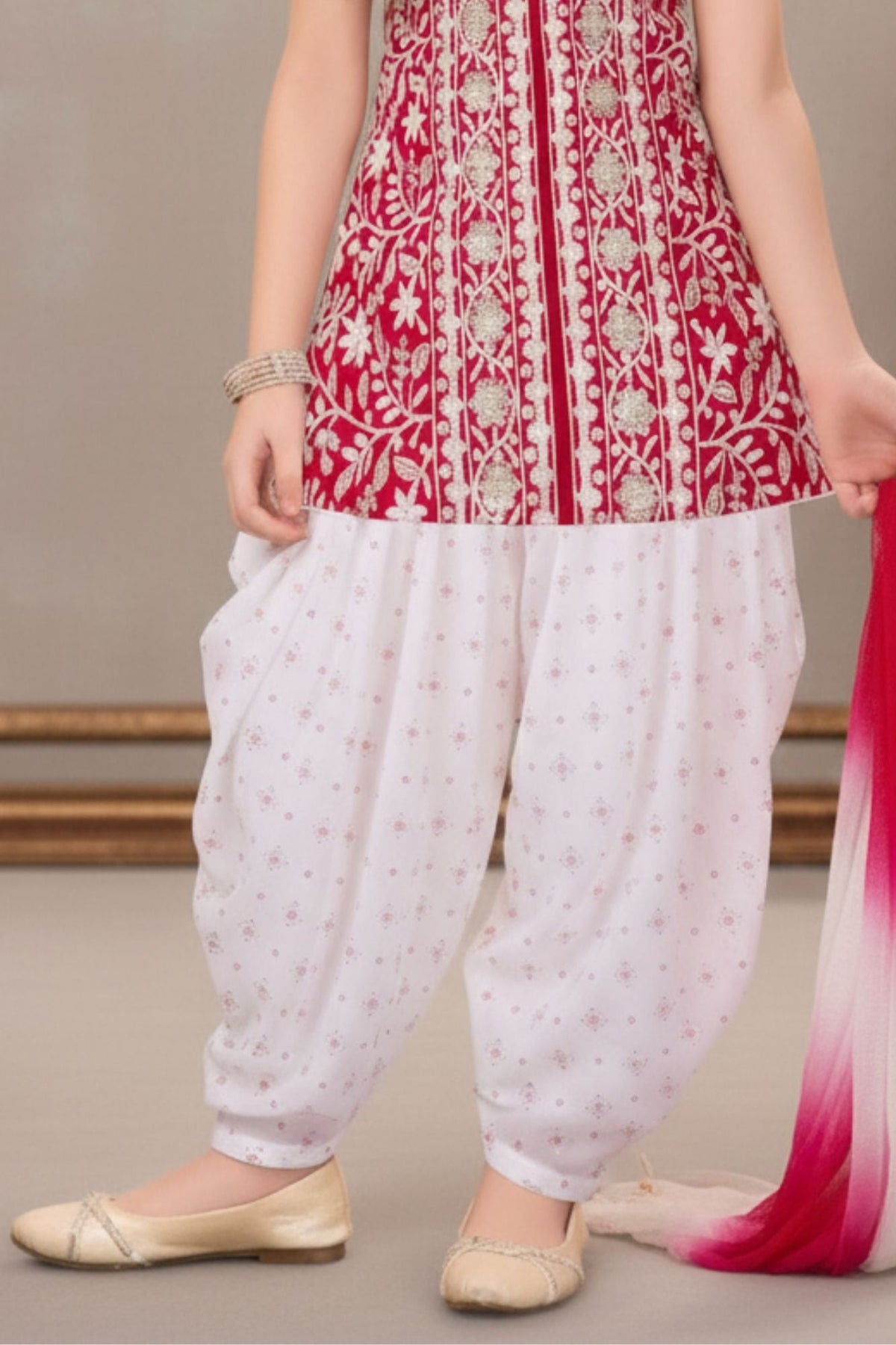 Rani Pink Embroidered Patiala Suit Set With Dupatta For Girls