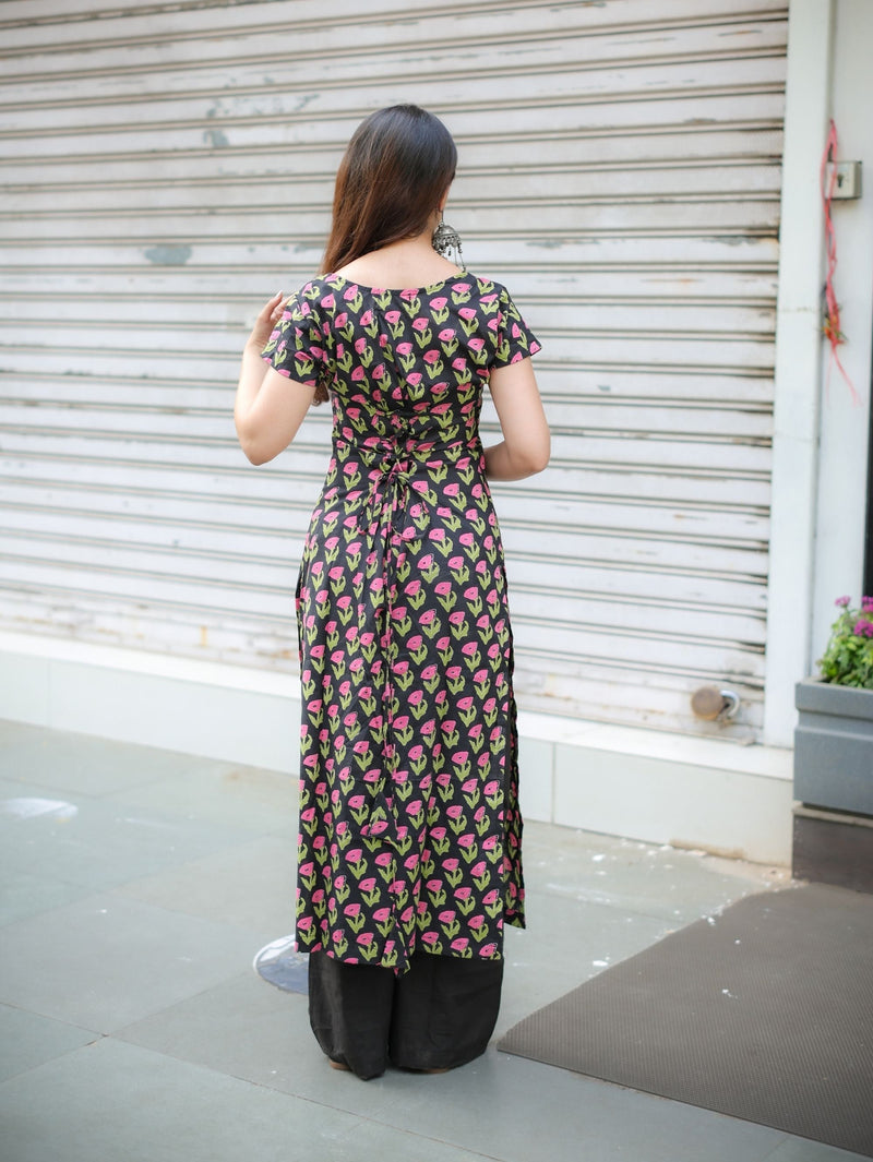 Bougain Veli Black Floral Long Kurta for Women