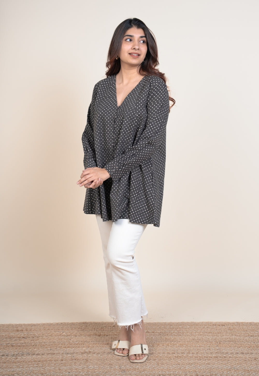 Chahat Grey Ajrakh Cotton A Line Short Top