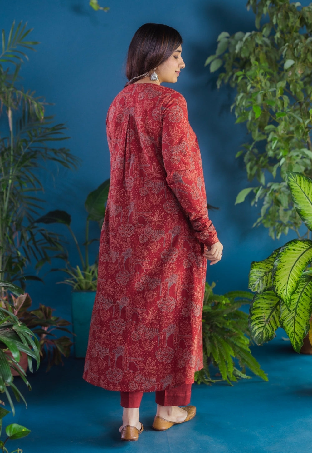 Asin Red Ajrakh Cotton A Line Kurta with Hand Embroidery