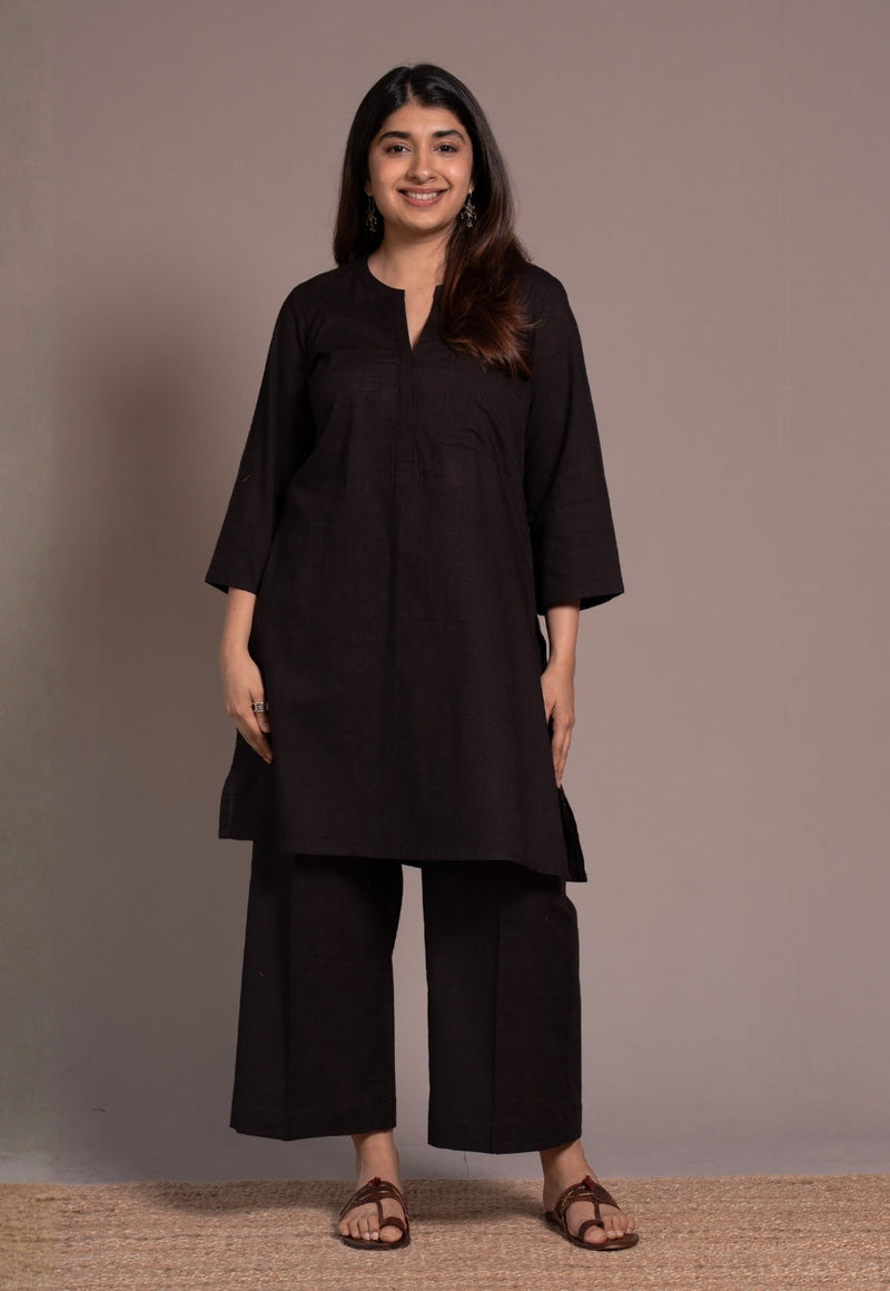Dark Brown Solid Slub Cotton Straight Co-Ord Set- DyeVerse