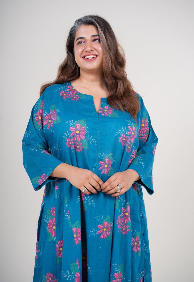 Amisha Ink Blue Printed Mul Jhabbha Kali Kurta