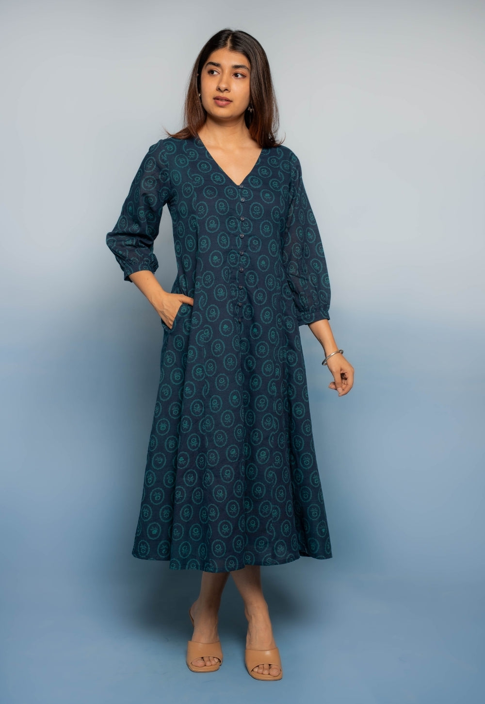 Aania Blue Dabu Mul Cotton A Line Dress