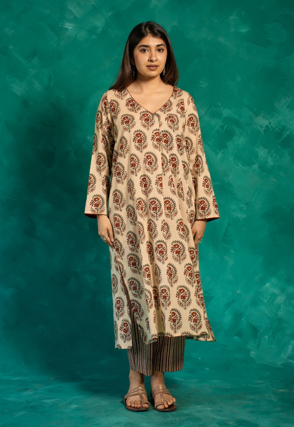 Raila Beige Bagru Cotton Straight Kurta