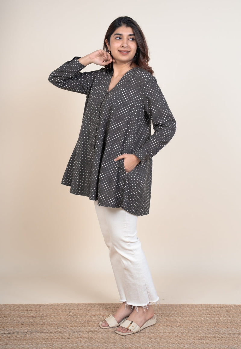 Chahat Grey Ajrakh Cotton A Line Short Top