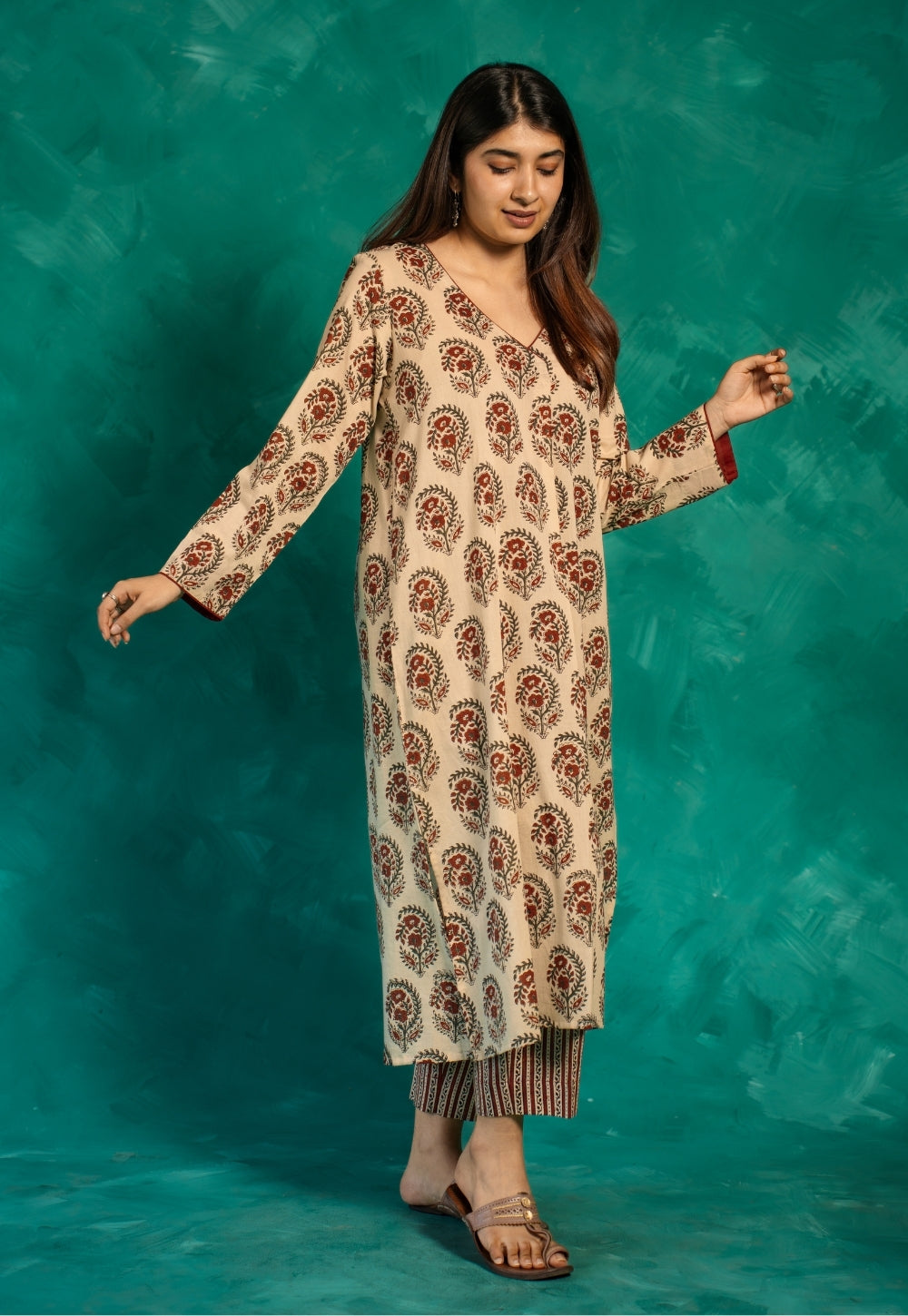 Raila Beige Bagru Cotton Straight Kurta