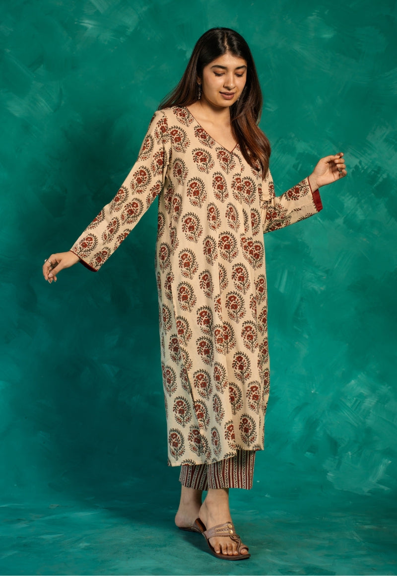 Raila Beige Bagru Cotton Straight Kurta