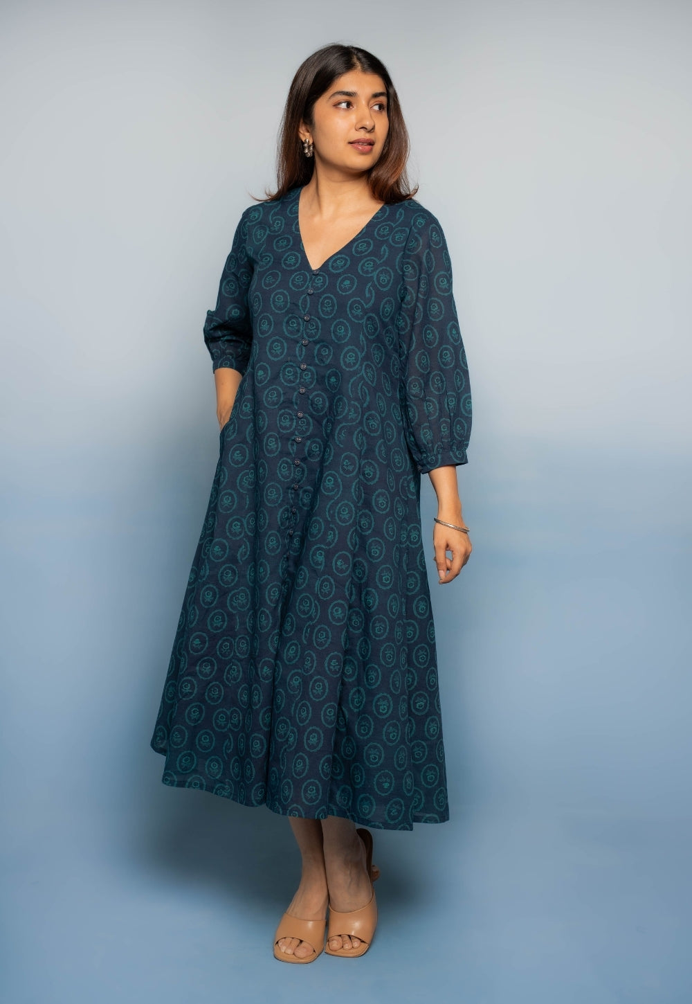 Aania Blue Dabu Mul Cotton A Line Dress