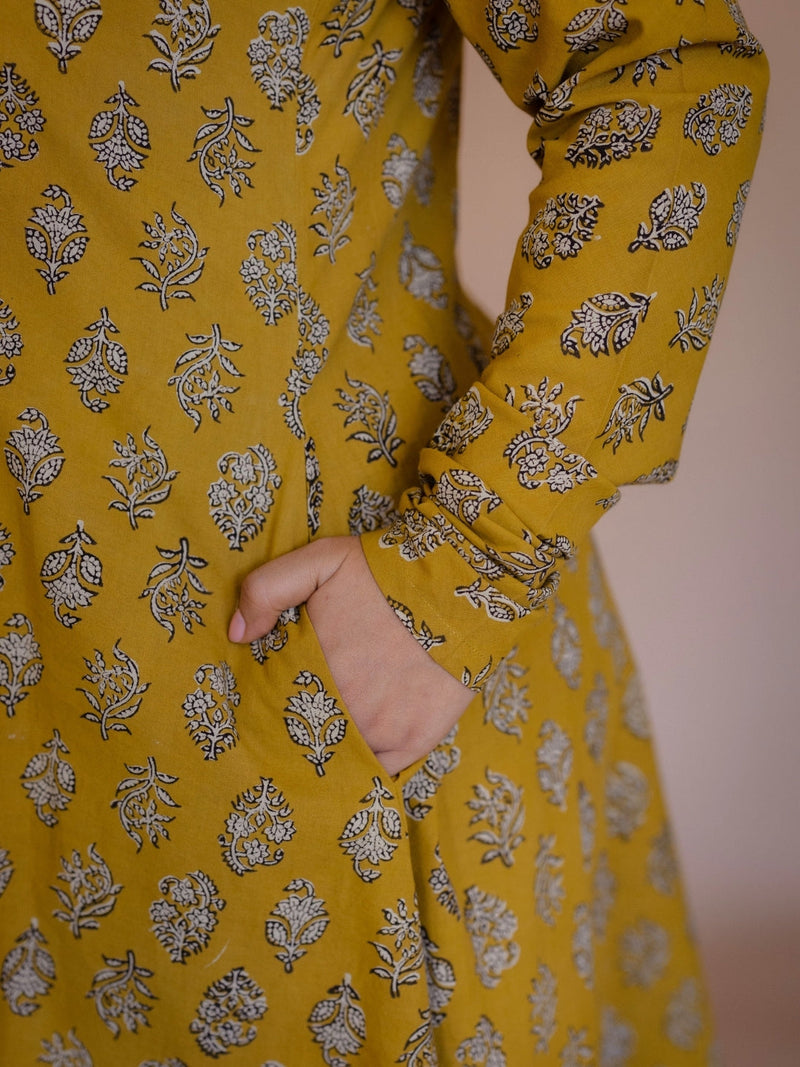 Akrita Yellow Bagru Cotton Kali Kurta