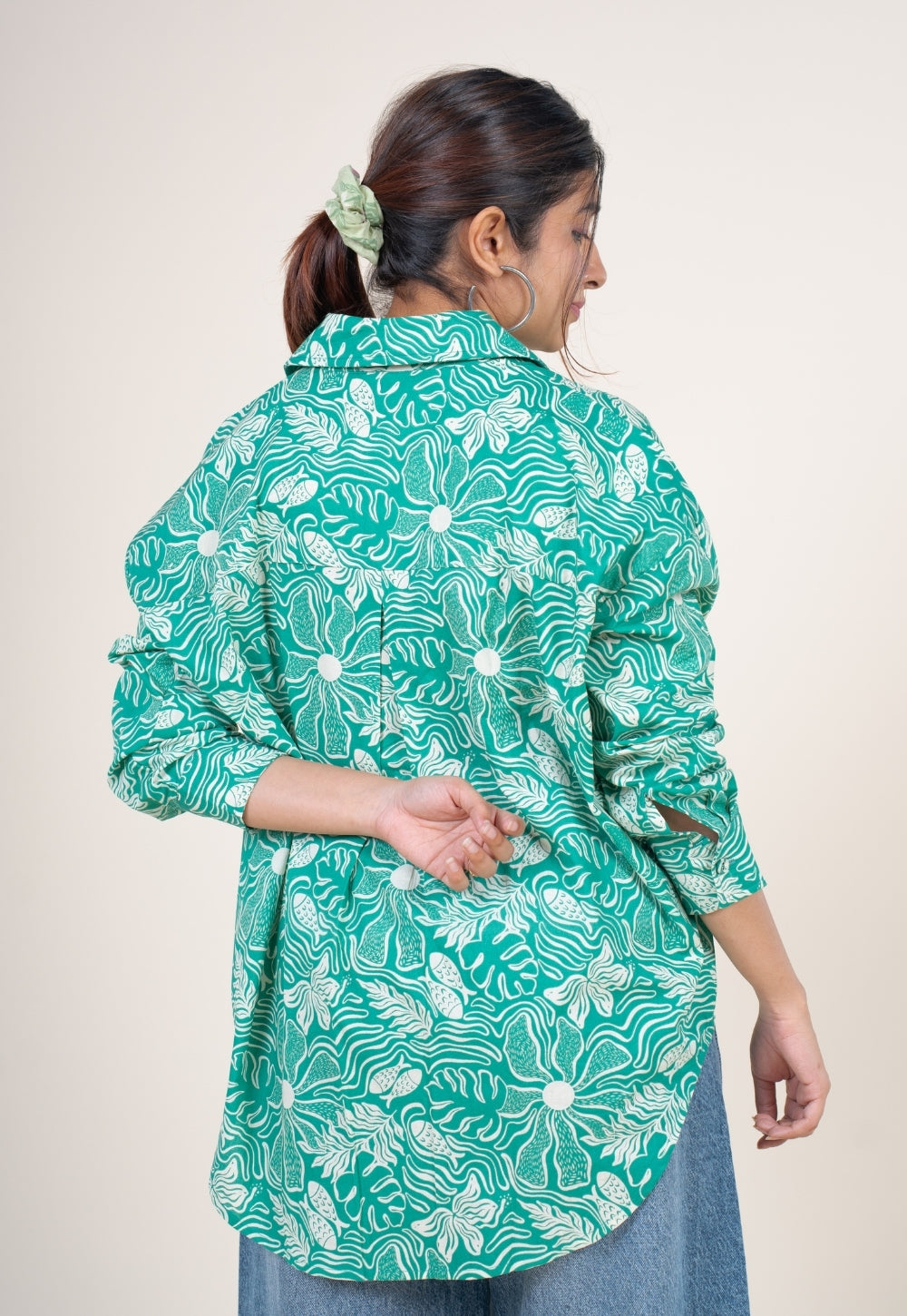 Ruhi Emerald Green Printed Cotton Straight Shirt