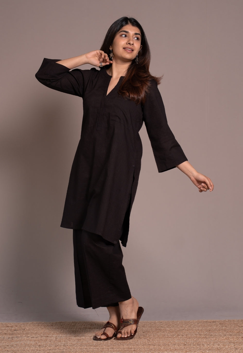 Dark Brown Solid Slub Cotton Straight Co-Ord Set- DyeVerse