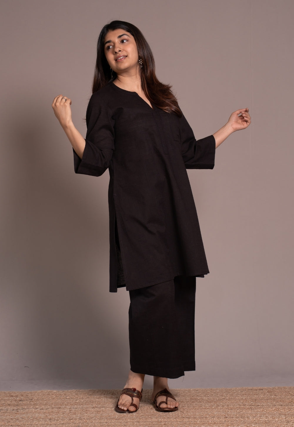 Dark Brown Solid Slub Cotton Straight Co-Ord Set- DyeVerse