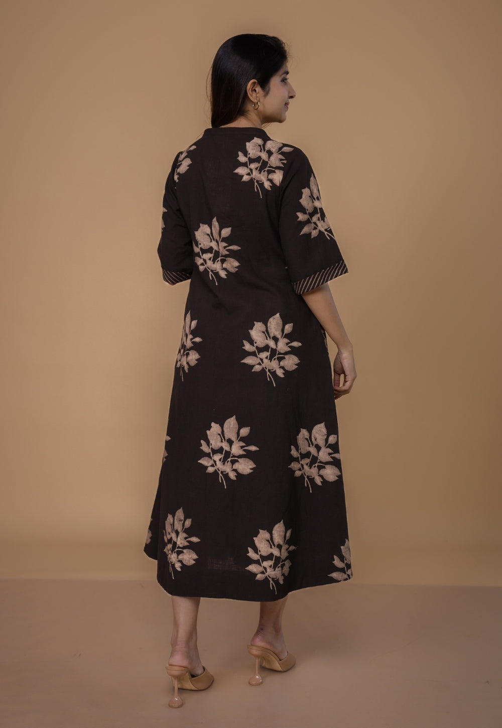 Avni Brown Dabu Slub Cotton Wrap Around Dress