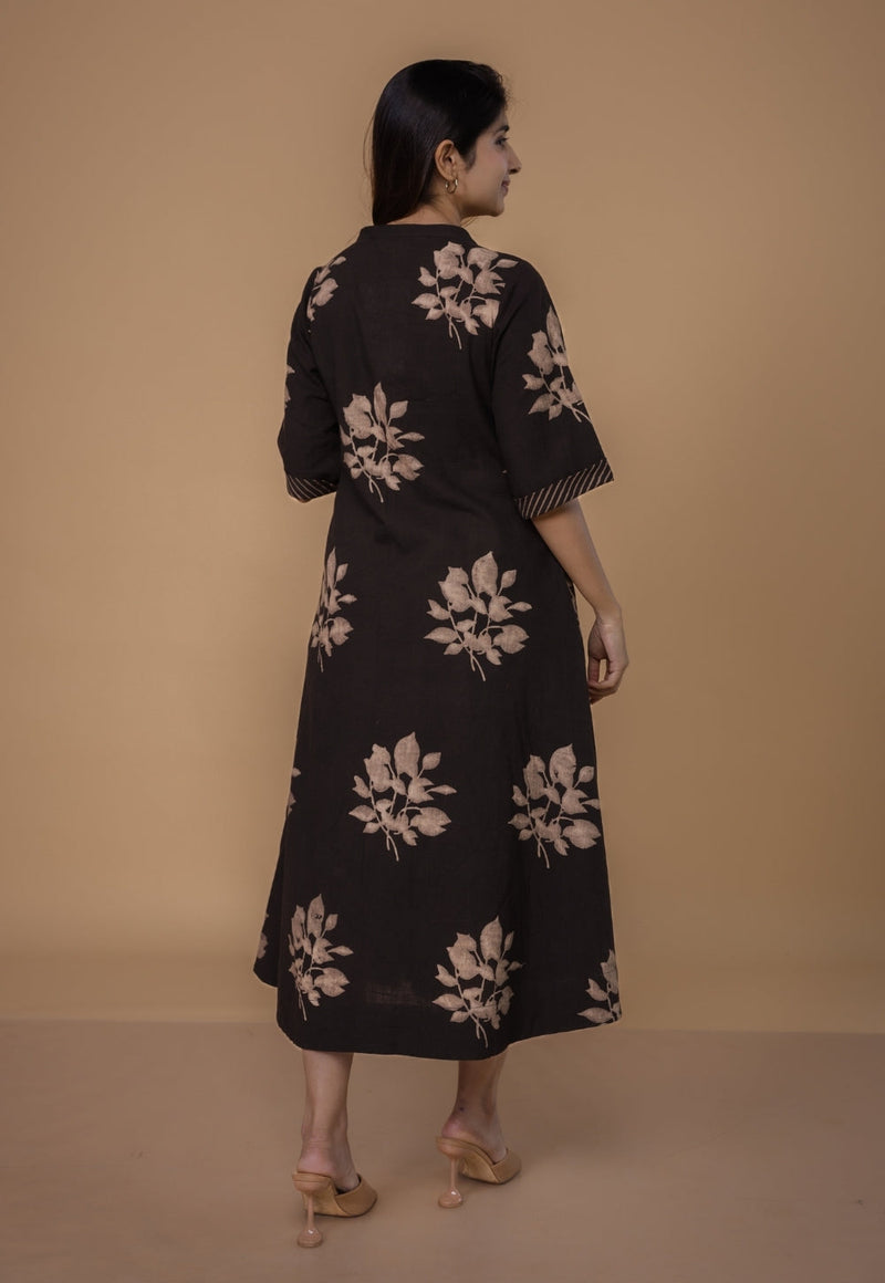Avni Brown Dabu Slub Cotton Wrap Around Dress