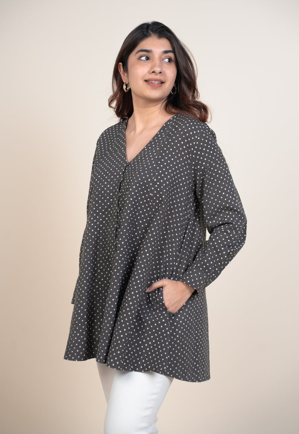 Chahat Grey Ajrakh Cotton A Line Short Top